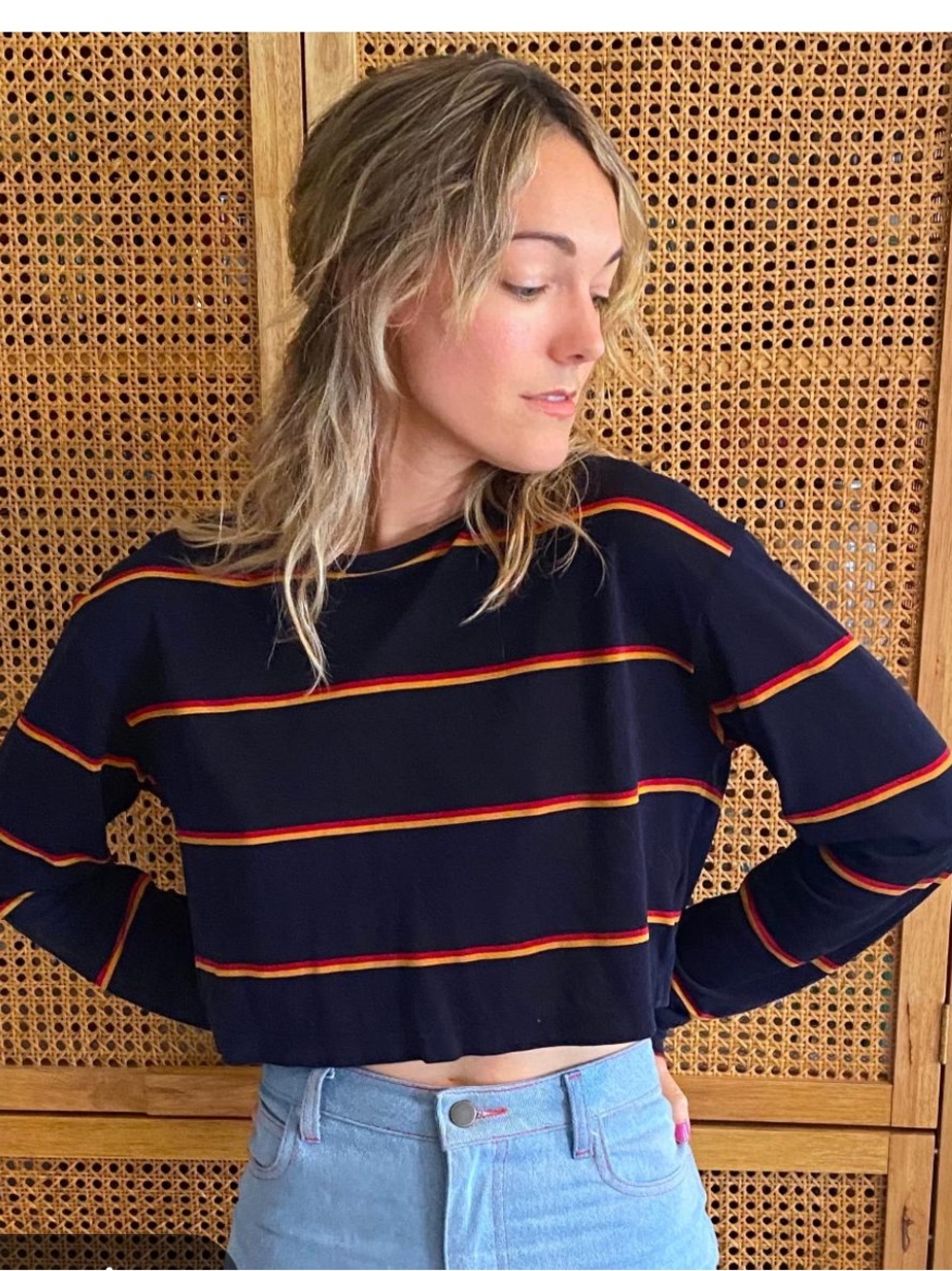 Reformation Chloe Cropped Navy Long-Sleeve Stripe Top Size: XS